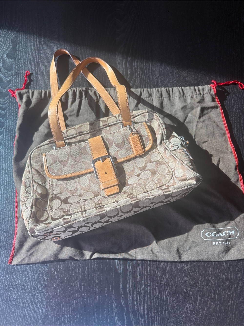 Coach Tan & Brown Signature Satchel with Leather Trim